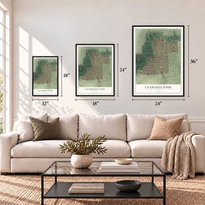 La Grange Park, Illinois map in 12 x 18, 18 x 24 and 24 x 36 inch sizes above a sofa
