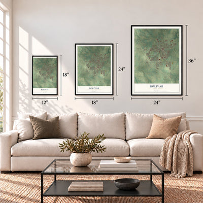 Bolivar, Missouri map in 12 x 18, 18 x 24 and 24 x 36 inch sizes above a sofa