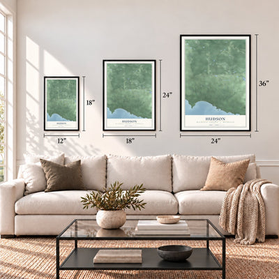 Hudson, Mackinac County, Michigan map in 12 x 18, 18 x 24 and 24 x 36 inch sizes above a sofa