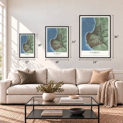 La Jolla, California map in 12 x 18, 18 x 24 and 24 x 36 inch sizes above a sofa