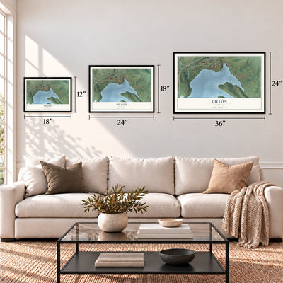 Dillon, Colorado map in 12 x 18, 18 x 24 and 24 x 36 inch sizes above a sofa