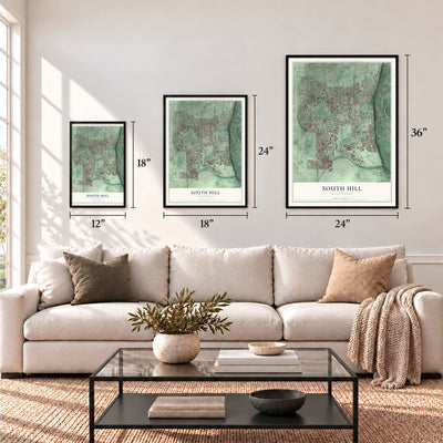 South Hill, Washington map in 12 x 18, 18 x 24 and 24 x 36 inch sizes above a sofa