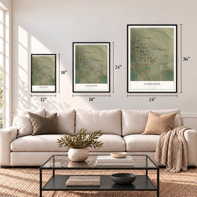 LaGrange, Wyoming map in 12 x 18, 18 x 24 and 24 x 36 inch sizes above a sofa