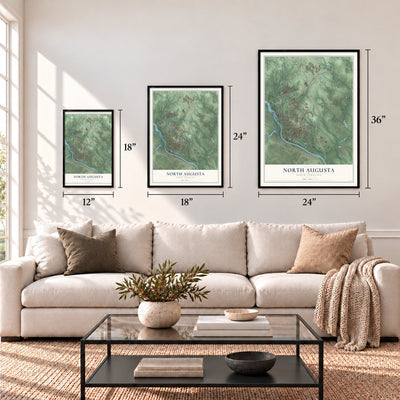 North Augusta, South Carolina map in 12 x 18, 18 x 24 and 24 x 36 inch sizes above a sofa