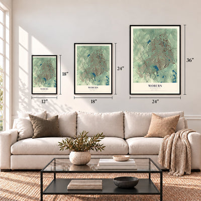 Woburn, Massachusetts map in 12 x 18, 18 x 24 and 24 x 36 inch sizes above a sofa