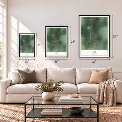Amo, Indiana map in 12 x 18, 18 x 24 and 24 x 36 inch sizes above a sofa