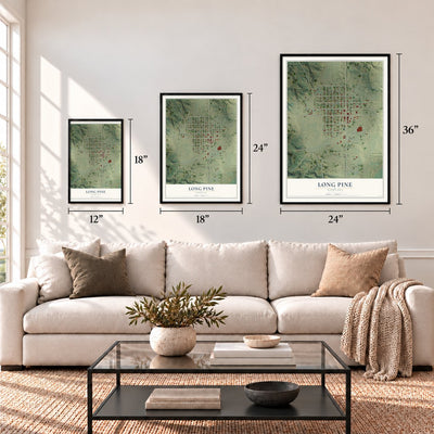 Long Pine, Nebraska map in 12 x 18, 18 x 24 and 24 x 36 inch sizes above a sofa