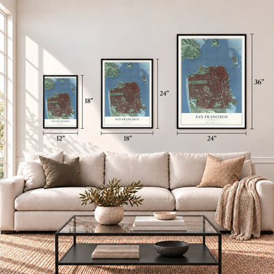 San Francisco, California map in 12 x 18, 18 x 24 and 24 x 36 inch sizes above a sofa