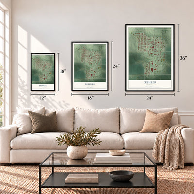 Deshler, Nebraska map in 12 x 18, 18 x 24 and 24 x 36 inch sizes above a sofa