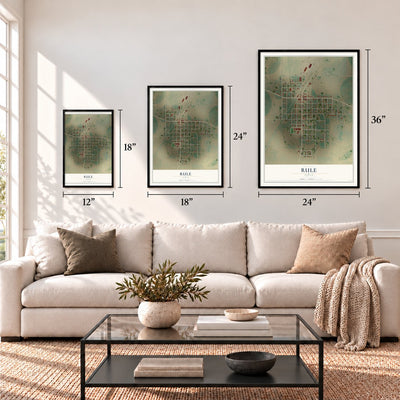 Rule, Texas map in 12 x 18, 18 x 24 and 24 x 36 inch sizes above a sofa