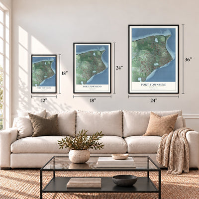 Port Townsend, Washington map in 12 x 18, 18 x 24 and 24 x 36 inch sizes above a sofa