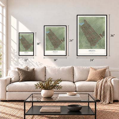 Arleta, California map in 12 x 18, 18 x 24 and 24 x 36 inch sizes above a sofa