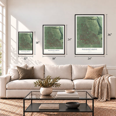 Pleasant Grove, Utah map in 12 x 18, 18 x 24 and 24 x 36 inch sizes above a sofa