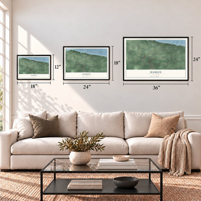 Hamlin, New York map in 12 x 18, 18 x 24 and 24 x 36 inch sizes above a sofa