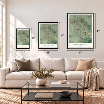 Chosewood Park, Georgia map in 12 x 18, 18 x 24 and 24 x 36 inch sizes above a sofa