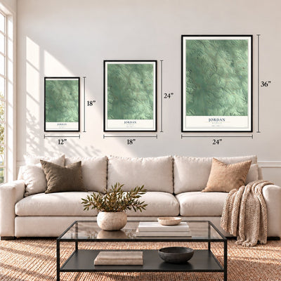 Jordan, Michigan map in 12 x 18, 18 x 24 and 24 x 36 inch sizes above a sofa