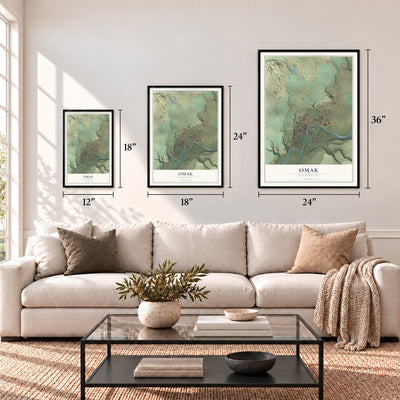 Omak, Washington map in 12 x 18, 18 x 24 and 24 x 36 inch sizes above a sofa