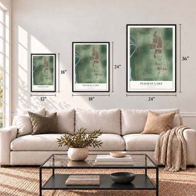 Plumas Lake, California map in 12 x 18, 18 x 24 and 24 x 36 inch sizes above a sofa