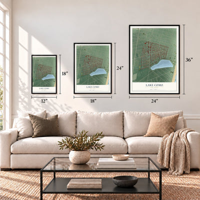 Lake Como, New Jersey map in 12 x 18, 18 x 24 and 24 x 36 inch sizes above a sofa