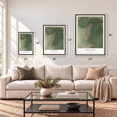 Dell City, Texas map in 12 x 18, 18 x 24 and 24 x 36 inch sizes above a sofa