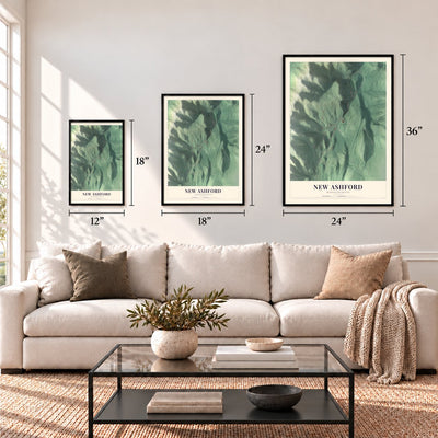 New Ashford, Massachusetts map in 12 x 18, 18 x 24 and 24 x 36 inch sizes above a sofa