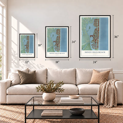 Sunny Isles Beach, Florida map in 12 x 18, 18 x 24 and 24 x 36 inch sizes above a sofa