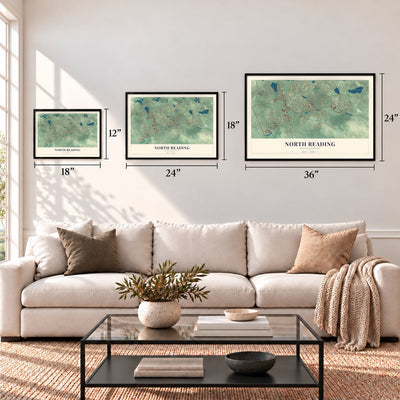 North Reading, Massachusetts map in 12 x 18, 18 x 24 and 24 x 36 inch sizes above a sofa