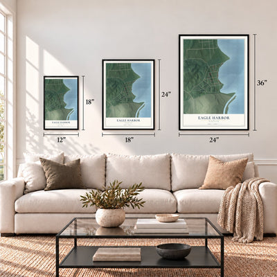 Eagle Harbor, Maryland map in 12 x 18, 18 x 24 and 24 x 36 inch sizes above a sofa