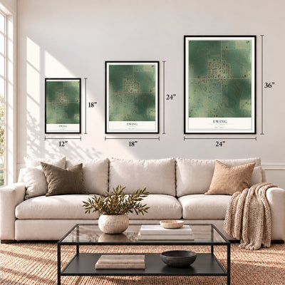 Ewing, Illinois map in 12 x 18, 18 x 24 and 24 x 36 inch sizes above a sofa