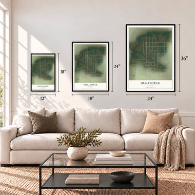 Bellflower, Missouri map in 12 x 18, 18 x 24 and 24 x 36 inch sizes above a sofa