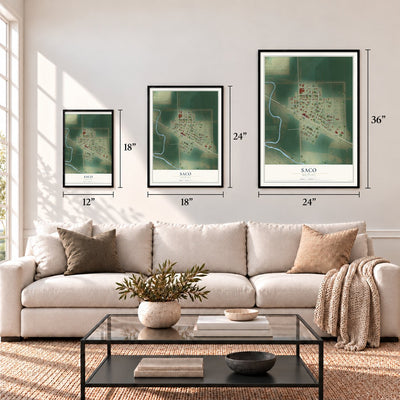 Saco, Montana map in 12 x 18, 18 x 24 and 24 x 36 inch sizes above a sofa