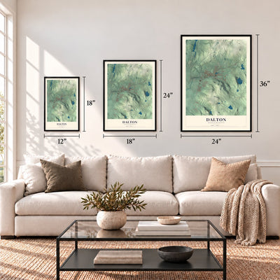 Dalton, Massachusetts map in 12 x 18, 18 x 24 and 24 x 36 inch sizes above a sofa