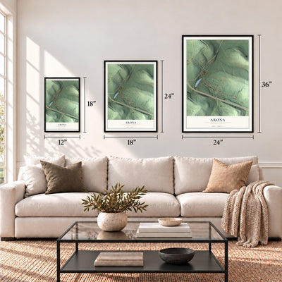 Arona, Pennsylvania map in 12 x 18, 18 x 24 and 24 x 36 inch sizes above a sofa