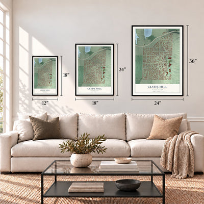 Clyde Hill, Washington map in 12 x 18, 18 x 24 and 24 x 36 inch sizes above a sofa