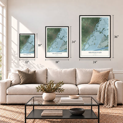 Aransas Pass, Texas map in 12 x 18, 18 x 24 and 24 x 36 inch sizes above a sofa