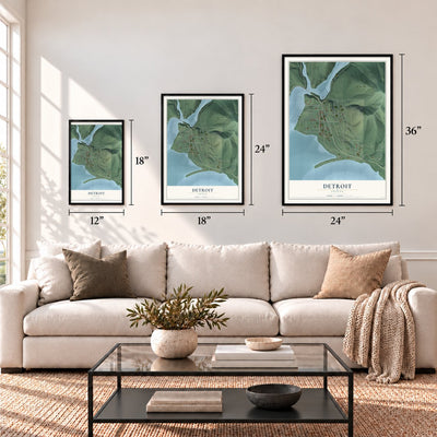 Detroit, Oregon map in 12 x 18, 18 x 24 and 24 x 36 inch sizes above a sofa