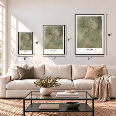 Jayton, Texas map in 12 x 18, 18 x 24 and 24 x 36 inch sizes above a sofa