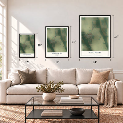 Holly Grove, Arkansas map in 12 x 18, 18 x 24 and 24 x 36 inch sizes above a sofa
