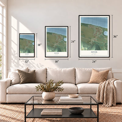 Dover, Kentucky map in 12 x 18, 18 x 24 and 24 x 36 inch sizes above a sofa