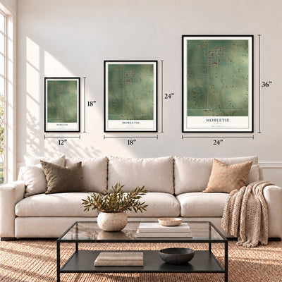 Mobeetie, Texas map in 12 x 18, 18 x 24 and 24 x 36 inch sizes above a sofa
