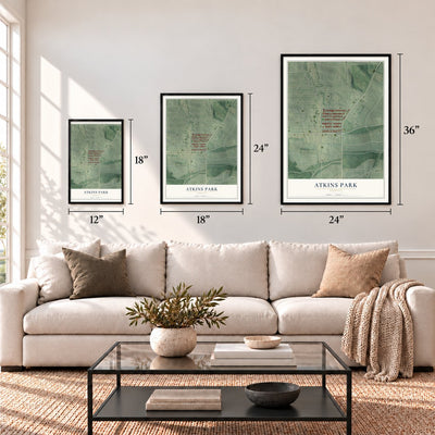 Atkins Park, Georgia map in 12 x 18, 18 x 24 and 24 x 36 inch sizes above a sofa