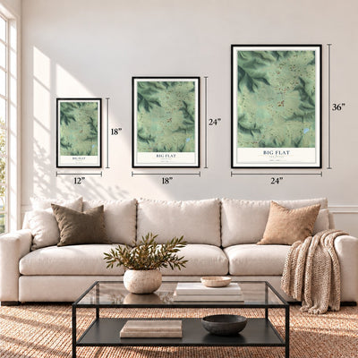 Big Flat, Arkansas map in 12 x 18, 18 x 24 and 24 x 36 inch sizes above a sofa