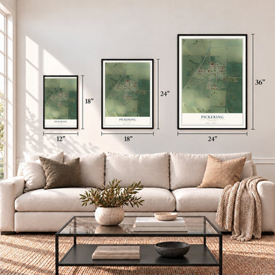 Pickering, Missouri map in 12 x 18, 18 x 24 and 24 x 36 inch sizes above a sofa
