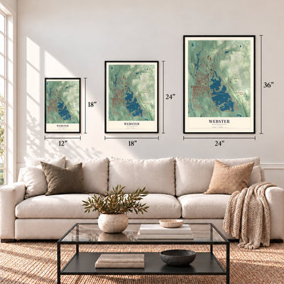 Webster, Massachusetts map in 12 x 18, 18 x 24 and 24 x 36 inch sizes above a sofa