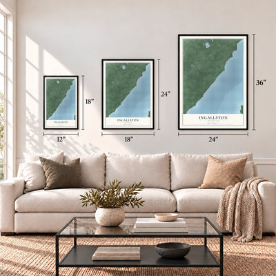 Ingallston, Michigan map in 12 x 18, 18 x 24 and 24 x 36 inch sizes above a sofa