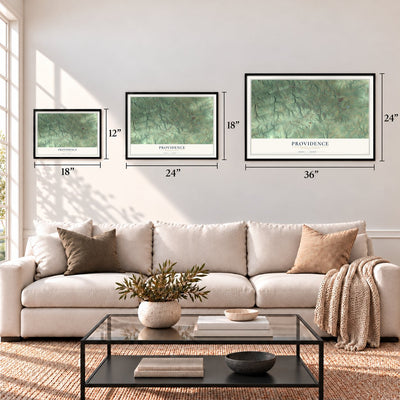 Providence, Pennsylvania map in 12 x 18, 18 x 24 and 24 x 36 inch sizes above a sofa