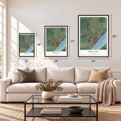 Rising Sun, Indiana map in 12 x 18, 18 x 24 and 24 x 36 inch sizes above a sofa