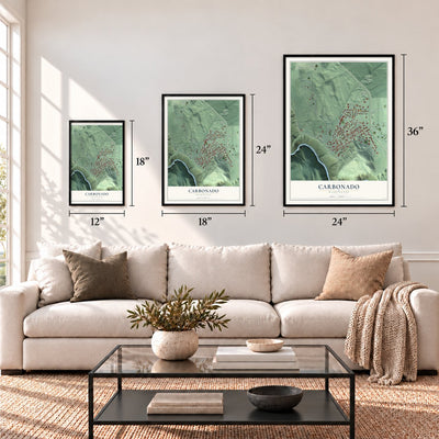 Carbonado, Washington map in 12 x 18, 18 x 24 and 24 x 36 inch sizes above a sofa