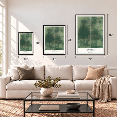 Newbern, Alabama map in 12 x 18, 18 x 24 and 24 x 36 inch sizes above a sofa