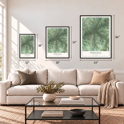 Pineville, Missouri map in 12 x 18, 18 x 24 and 24 x 36 inch sizes above a sofa